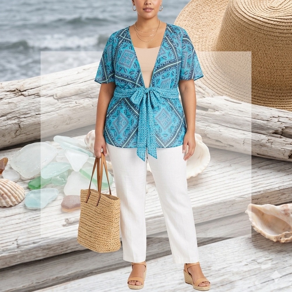 Wms Plus Size Kimono Wrap Top 18W Blue Geometric Tile Print Chiffon Resortwear